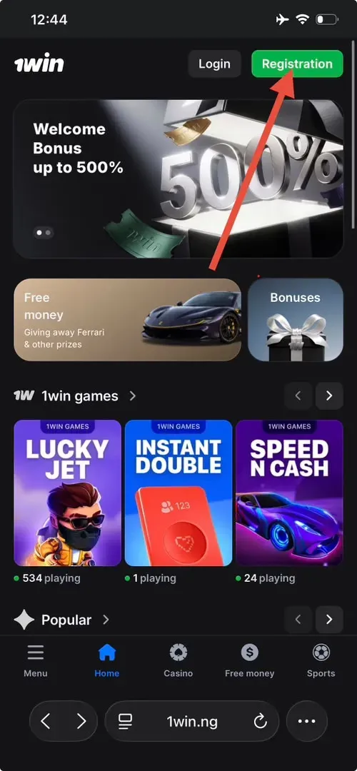 1Win Nigeria landing page with red arrow pointing to the Registration button
