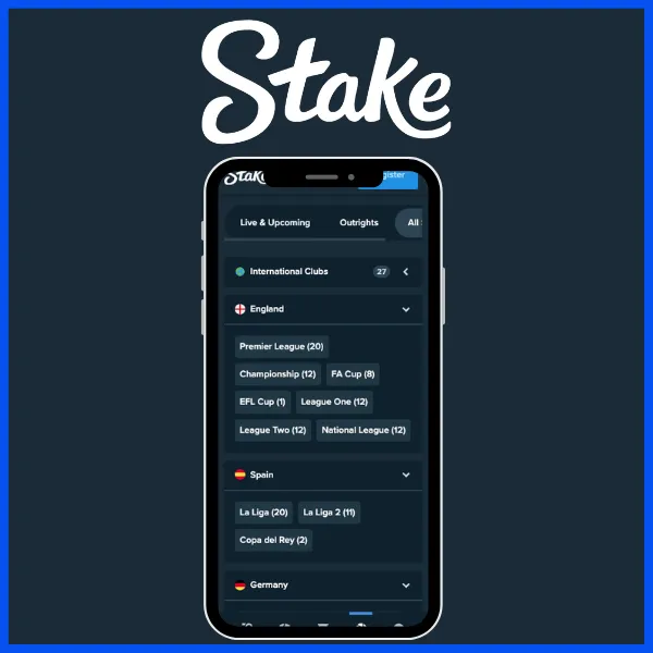 Stake.com mobile homepage showing football competitions in England, Spain and Germany.