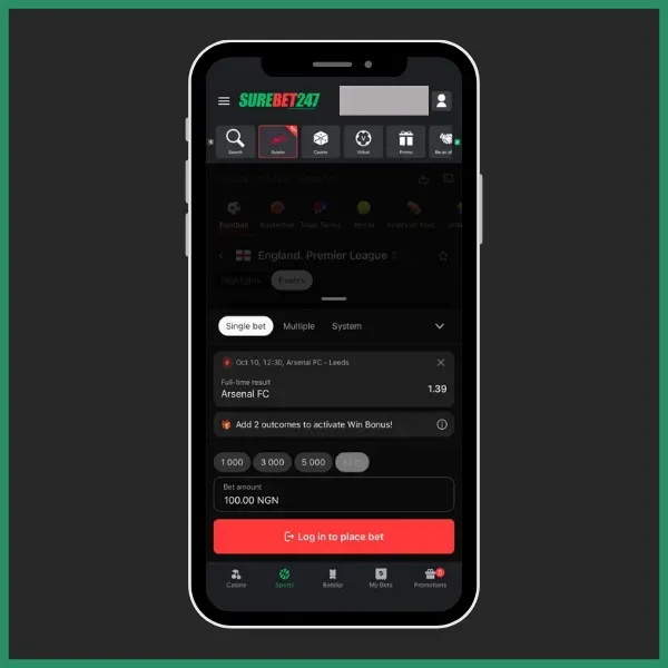 Placing a bet on the Surebet247 App