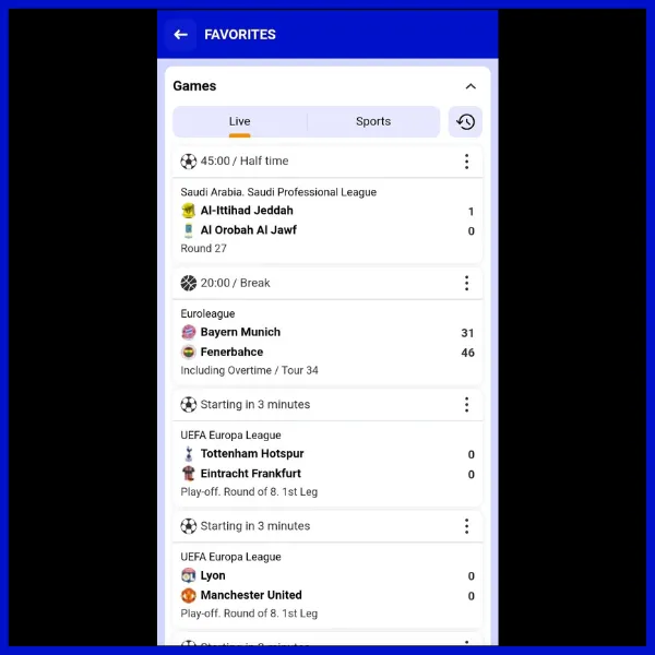 A mobile app screen displaying live sports scores.