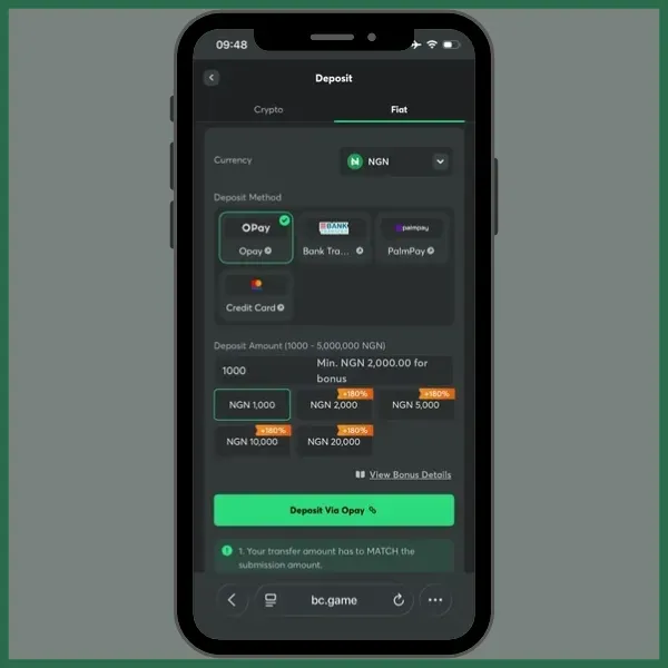 BC.Game deposit page showing Naira payment options and 280% sports bonus selection on mobile