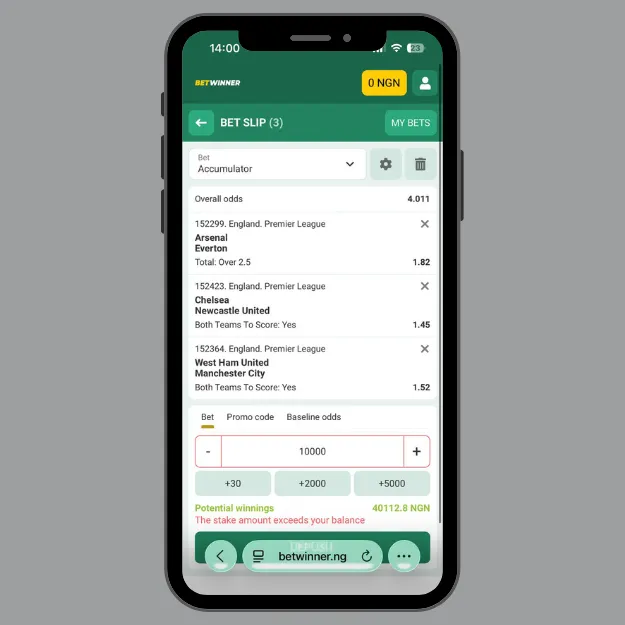 BetWinner bet slip displaying a 3-selection accumulator featuring Arsenal vs Everton, Chelsea vs Newcastle, and West Ham vs Manchester City, showing combined odds of 4.01 with a ₦10,000 stake entered.