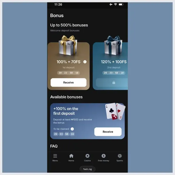 1Win Welcome Bonus Page