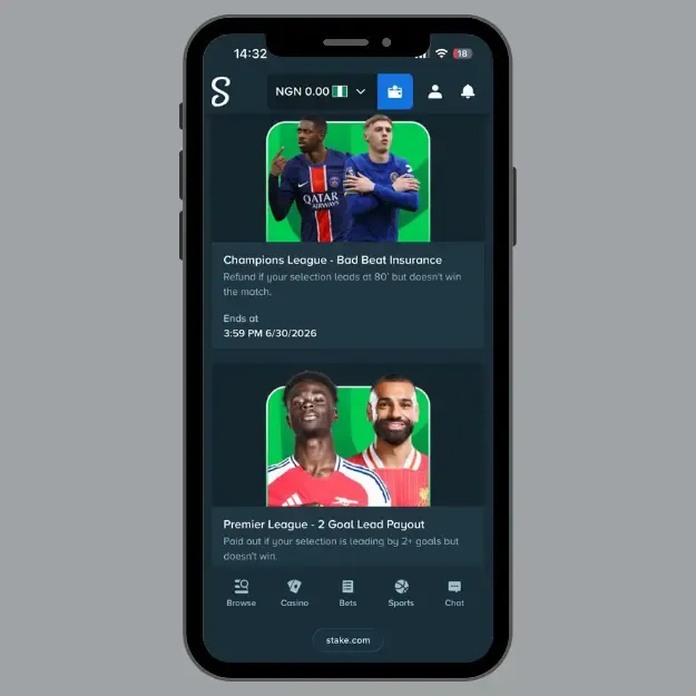 Stake promotion tab with sports betting promotions showing Champions League &ndash; Bad Beat Insurance and Premier League &ndash; 2 Goal Lead Payout promos