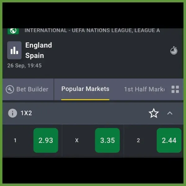 Betting odds display for a UEFA Nations League match between England and Spain on September 24, 2026, at 19:45. The betting market shown is the 1X2 market, which offers the following odds: a. England to win (1): 2.93 b. Draw (X): 3.35 c. Spain to win (2): 2.44