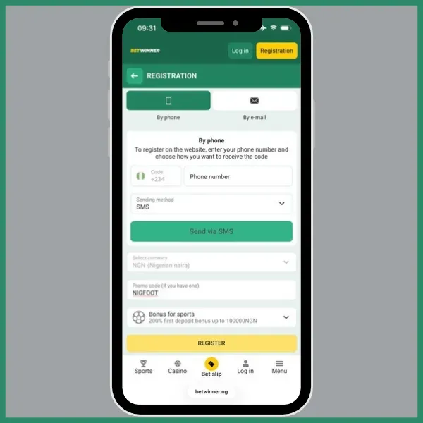 Registration Page showing the BetWinner Promo Code NIGFOOT entered in the promo code field