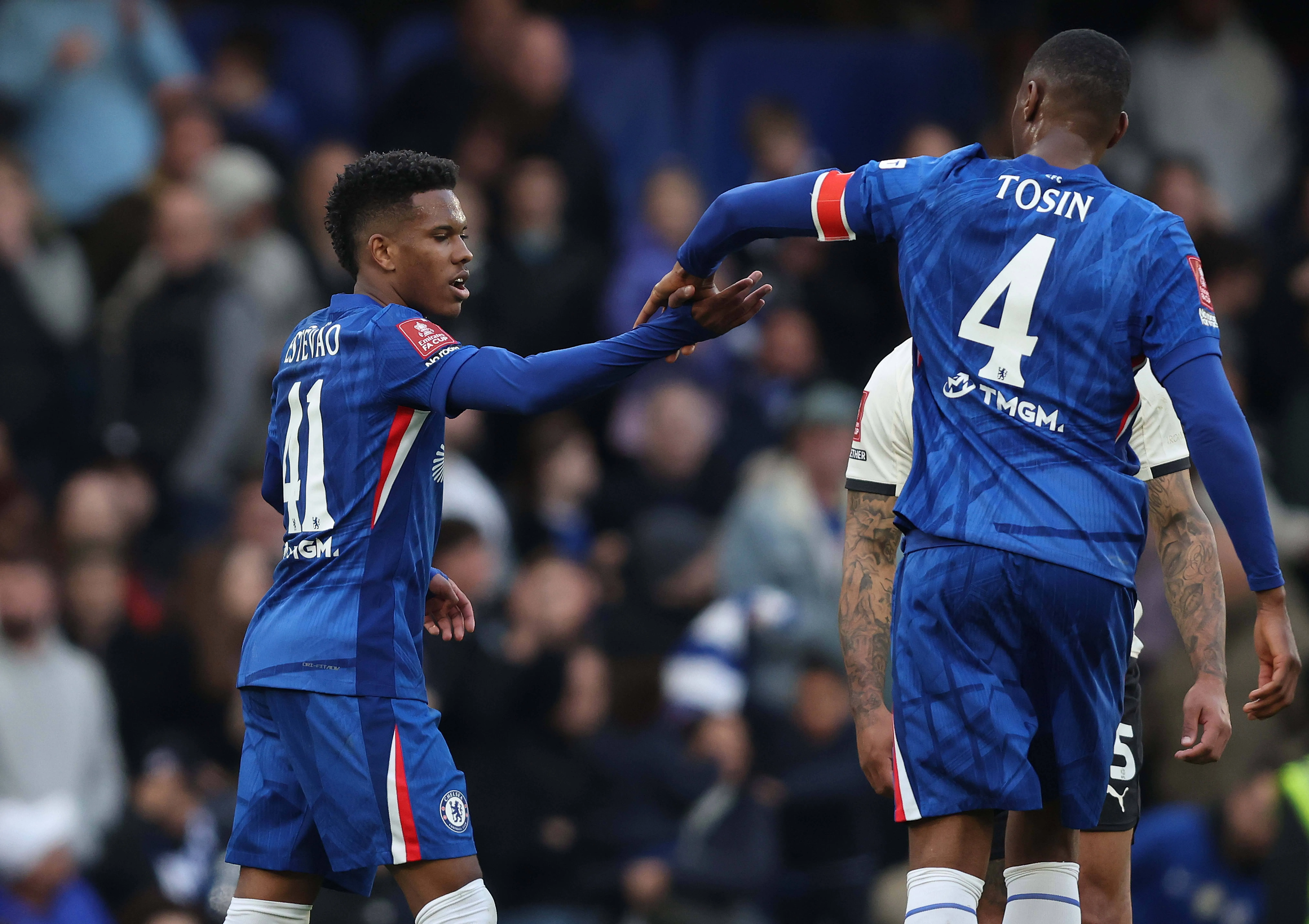 Estevao of Chelsea goal celebration with Tosin Adarabioyo of Chelsea during the match between Chelsea FC and Port Vale FC