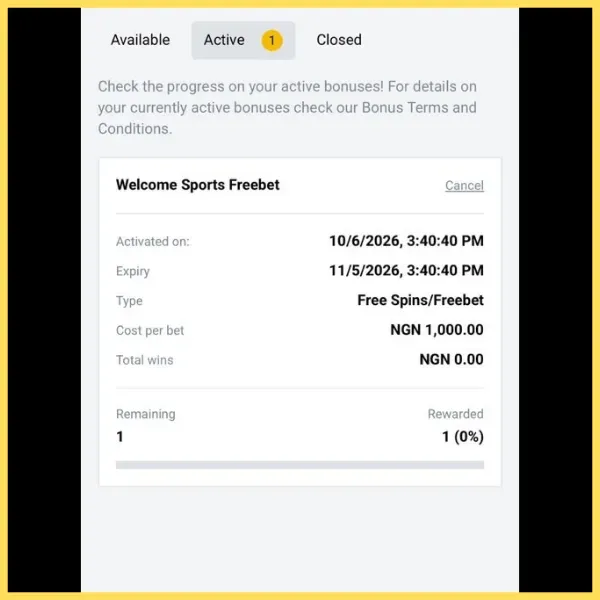 Campeonbet account page showing rollover betting bonus progress.