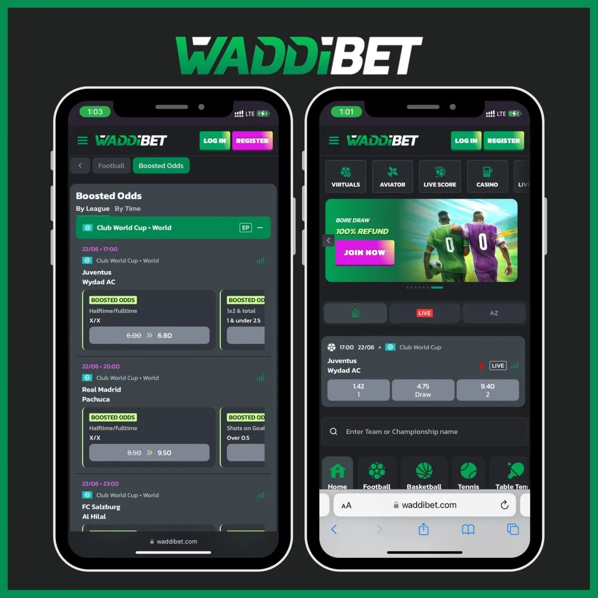 Waddibet site Boosted Odds section with boosted odds for Club World Cup fixtures.