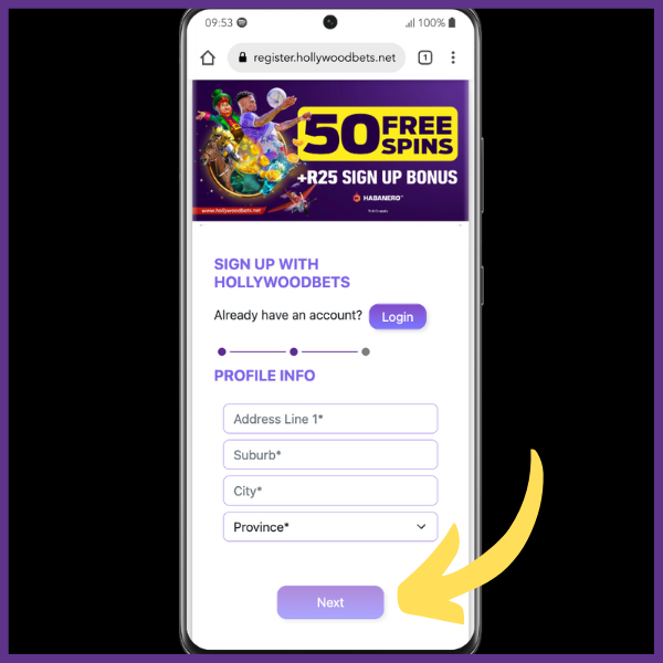 Hollywoodbets app sign up process step 4