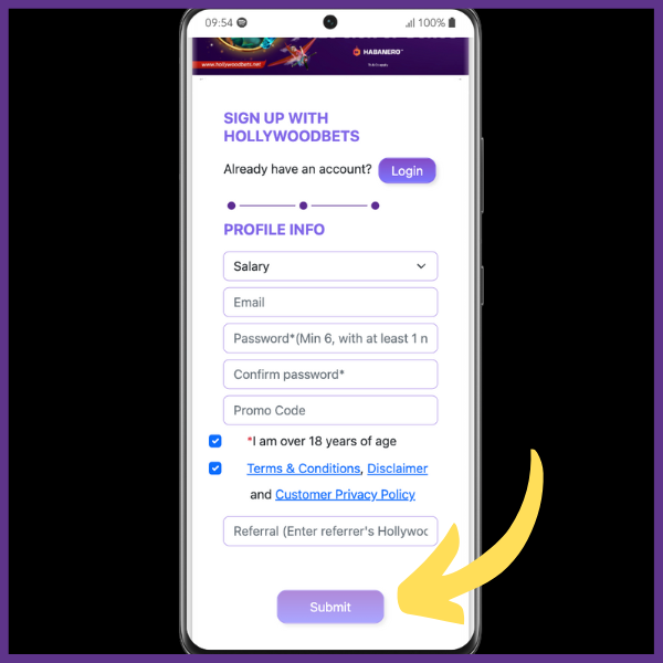 Hollywoodbets app sign up process step 5