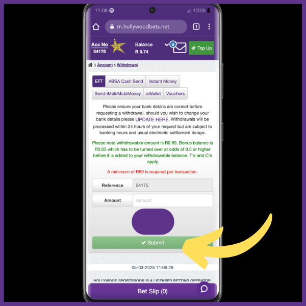 Hollywoodbets app withdrawal process step 3