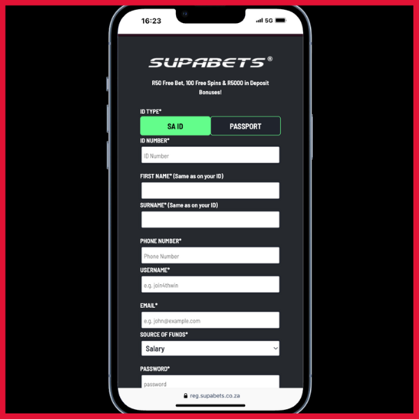 Registration page on Supabets. Fields include ID number, name, surname, phone number, username, email, source of income and password.