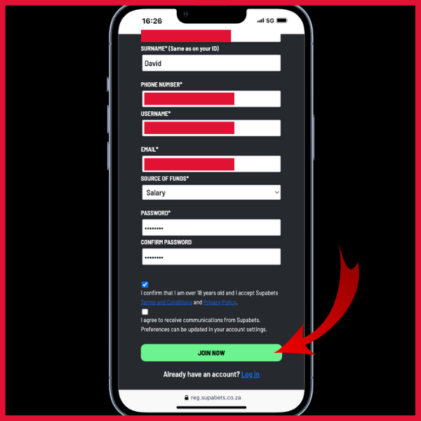 Red blocks blocking personal data of the registration page on Supabets. Red arrow pointing to Join Now button