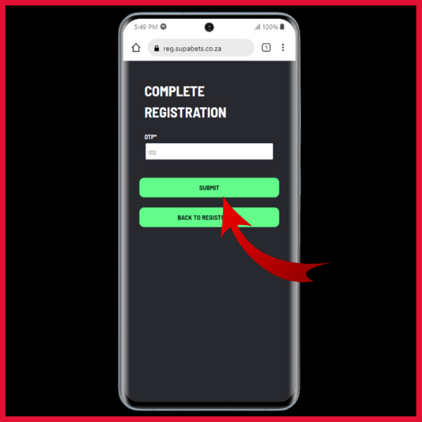 OTP space on Supabets - red arrow pointing to Submit button
