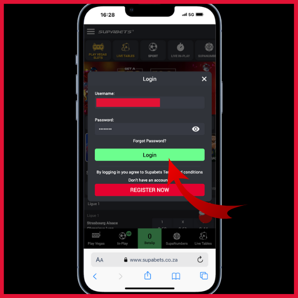Login Page on Supabets - red arrow pointing to login button