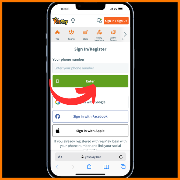 Red arrow pointing to enter button. Shows fields for mobile number and buttons to register on google, facebook, and apple id on Yesplay