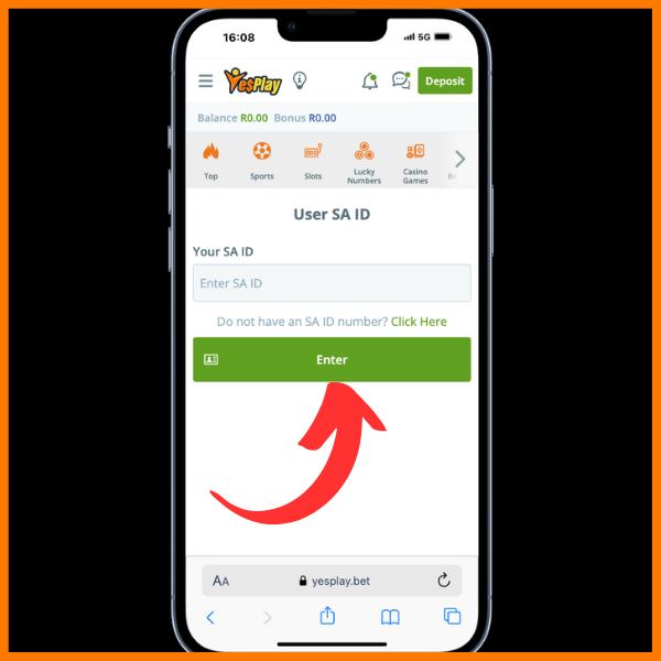 ID number field in Yesplay registration process. red arrow pointing to Enter button.