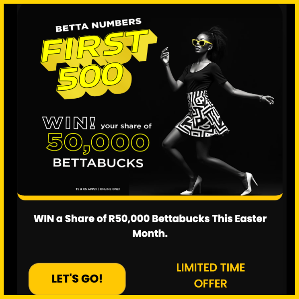 Betta Numbers First 500 image. Win your share of 50,000 Bettabucks. Features a yellow Let's Go button.