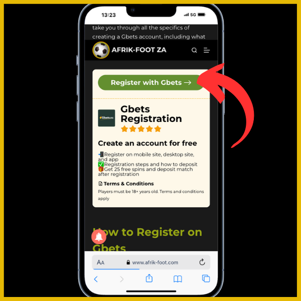 Gbets registration page - red arrow pointing to green Register with Gbets button on AF site.