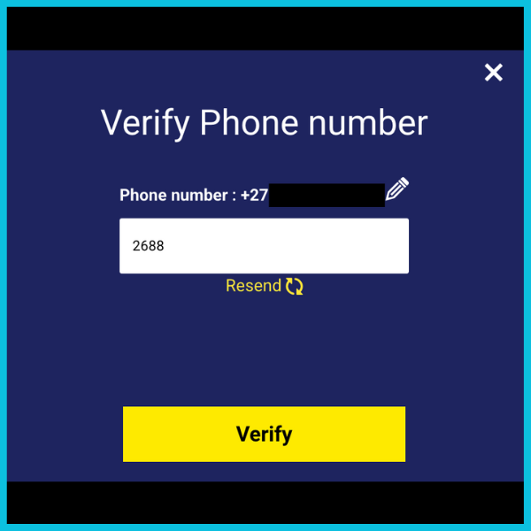 Lulabet registration process. Verify number with yellow verify button