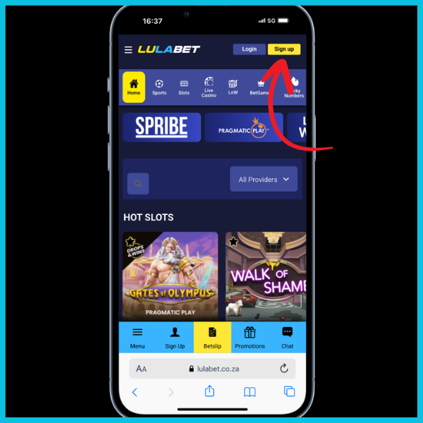 red arrow pointing to sign up button on the official lulabet site