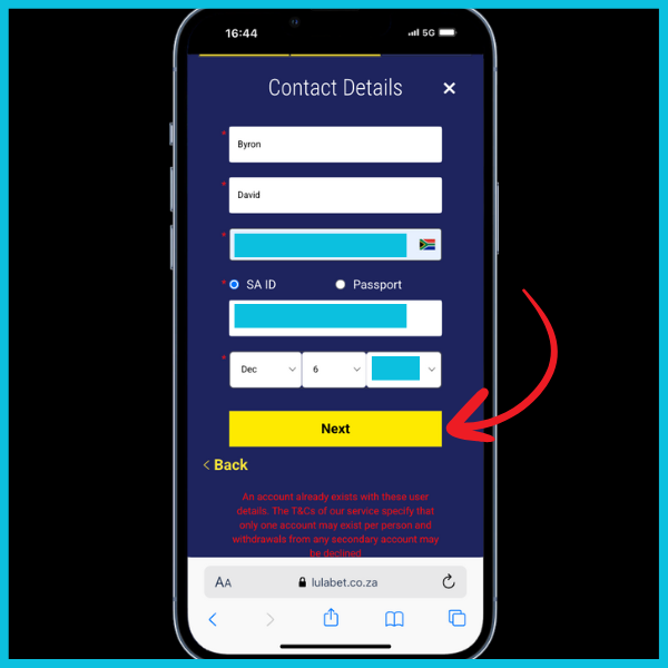 Lulabet registration process. Contact details fields for phone number, ID number, Date of Birth. red arrow pointing to Next button