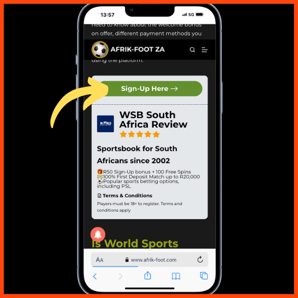 yellow arrow pointing to the green sign-up here button on the afrik-foot site.