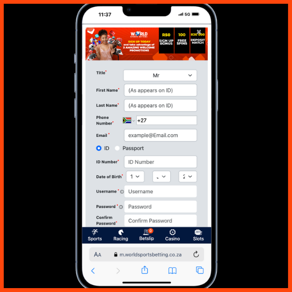WSB registration process. Includes the fields for name, surname, mobile number, ID number, DOB, username, and password