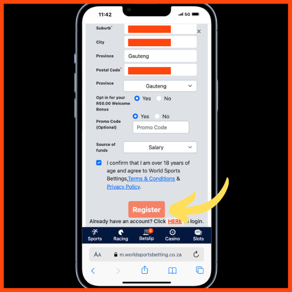 WSB Registration page. Fields of suburb, city, province, postal code, and province. yes and no options for R50 welcome bonus. Promo code field and orange register button