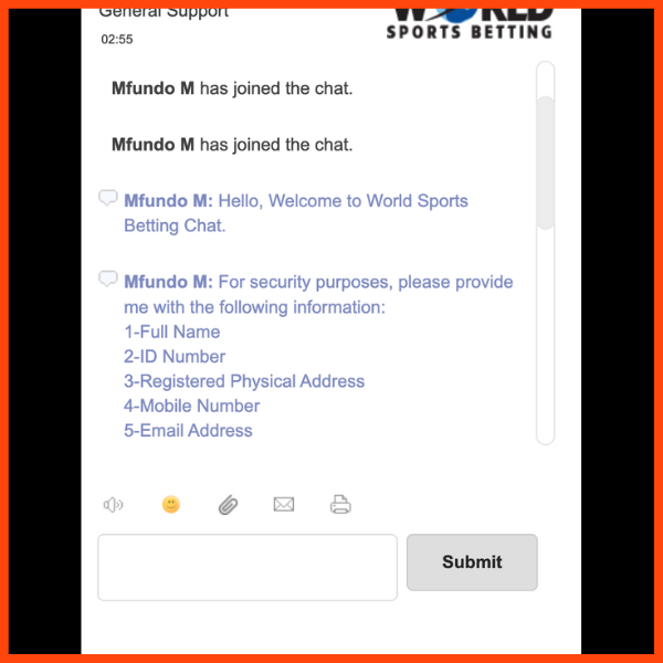 Interaction with Customer Support from the official WSB site on the live-chat feature.