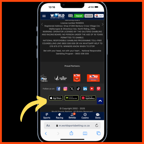 WSB homepage - yellow arrow pointing to the app download buttons at the bottom of the site.