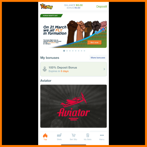 screenshot of yesplay app with Aviator on the homescreen.