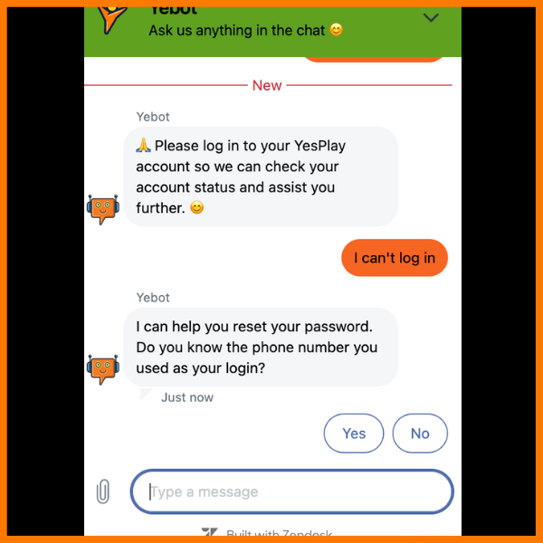 interaction with customer support on yesplay site