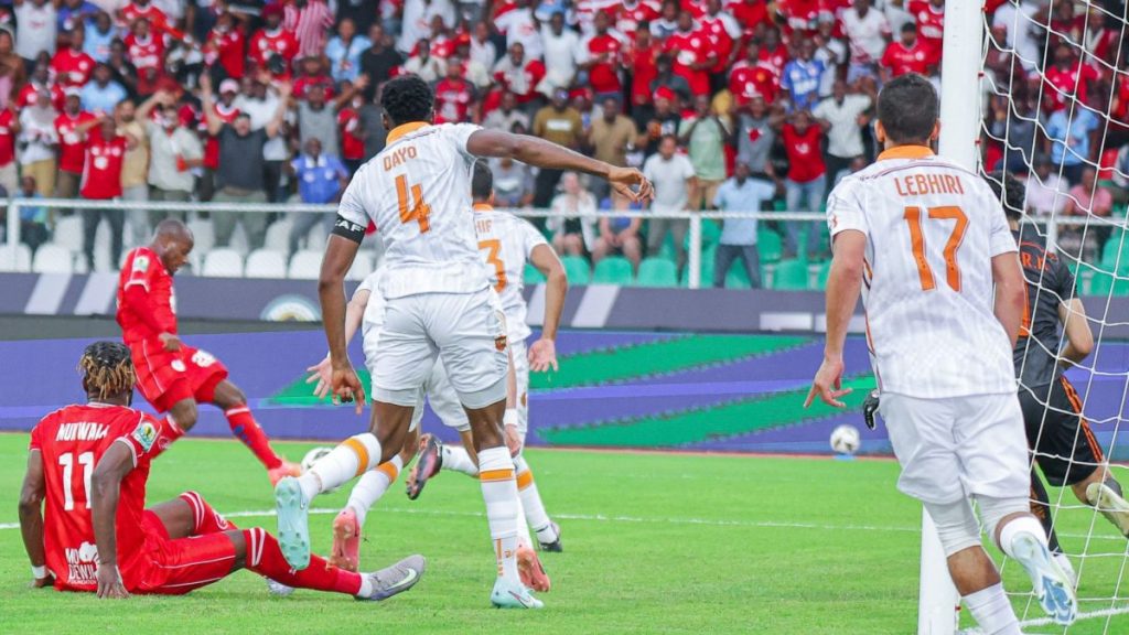 Joshua Mutale scores for Simba during their CAF Confederation Cup final. Photo – Simba SC