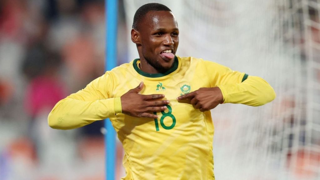 Kamogelo Sebelebele celebrates his goal for South Africa against Comoros at COSAFA Cup. Photo – COSAFA