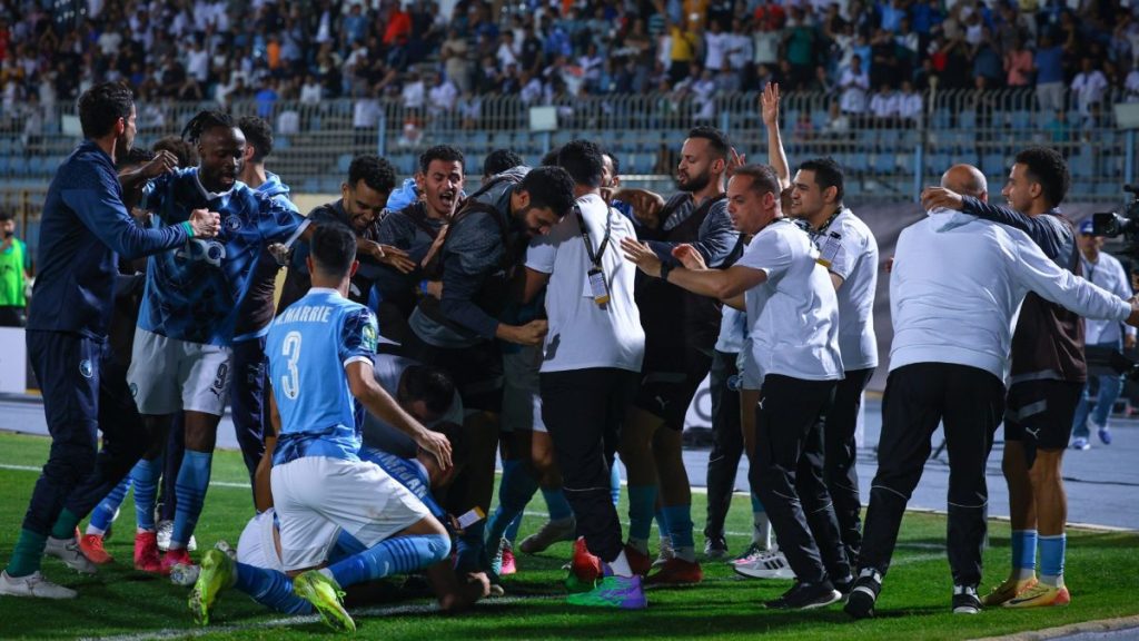 Pyramids players celebrate a goal against Mamelodi Sundowns. Photo – Imago