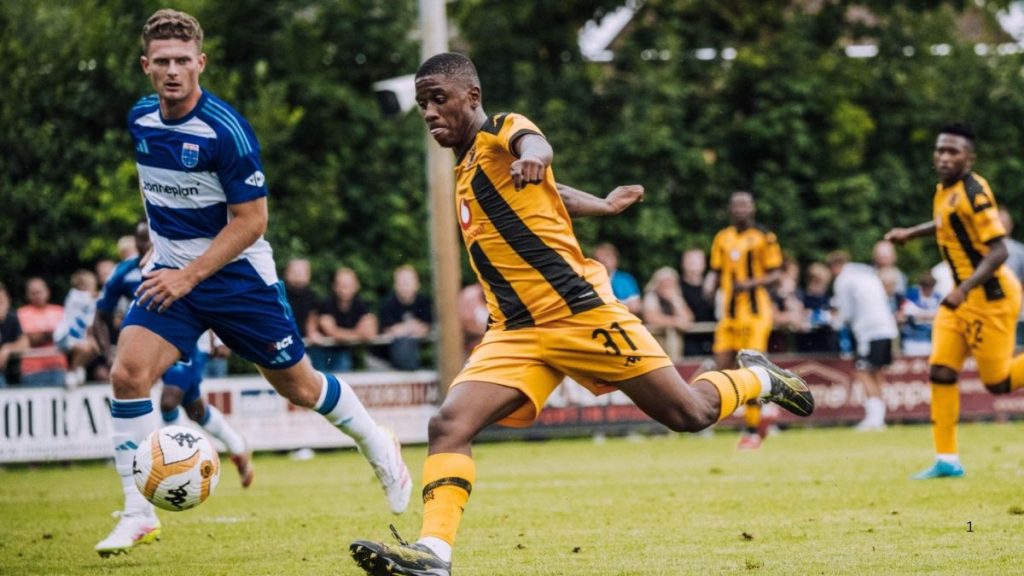 Naledi Hlongwane shoots the ball during Kaizer Chiefs vs PEC Zwolle match. Photo – Kaizer Chiefs