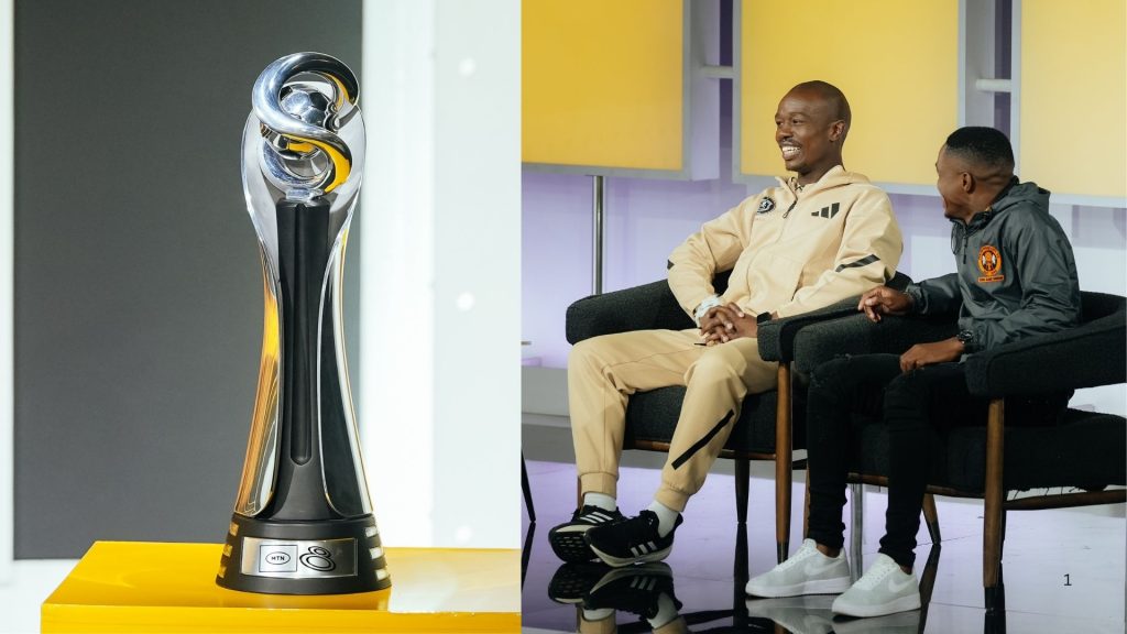 Orlando Pirates and Polokwane City captains with the MTN8 trophy. Photo: Orlando Pirates