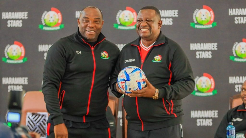 Sports CS Salim Mvurya (right) with Harambee Stars coach Benni McCarthy. Photo -Salim Mvurya X