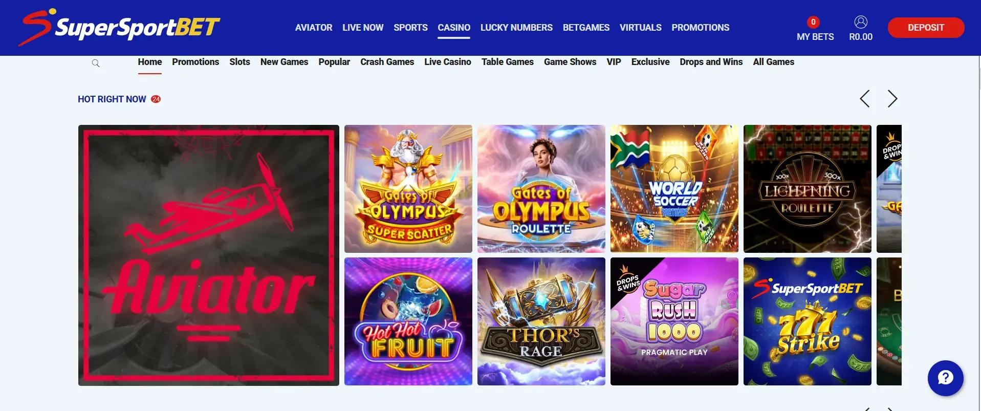 SuperSportBet Casino section with Aviator as the headline game.