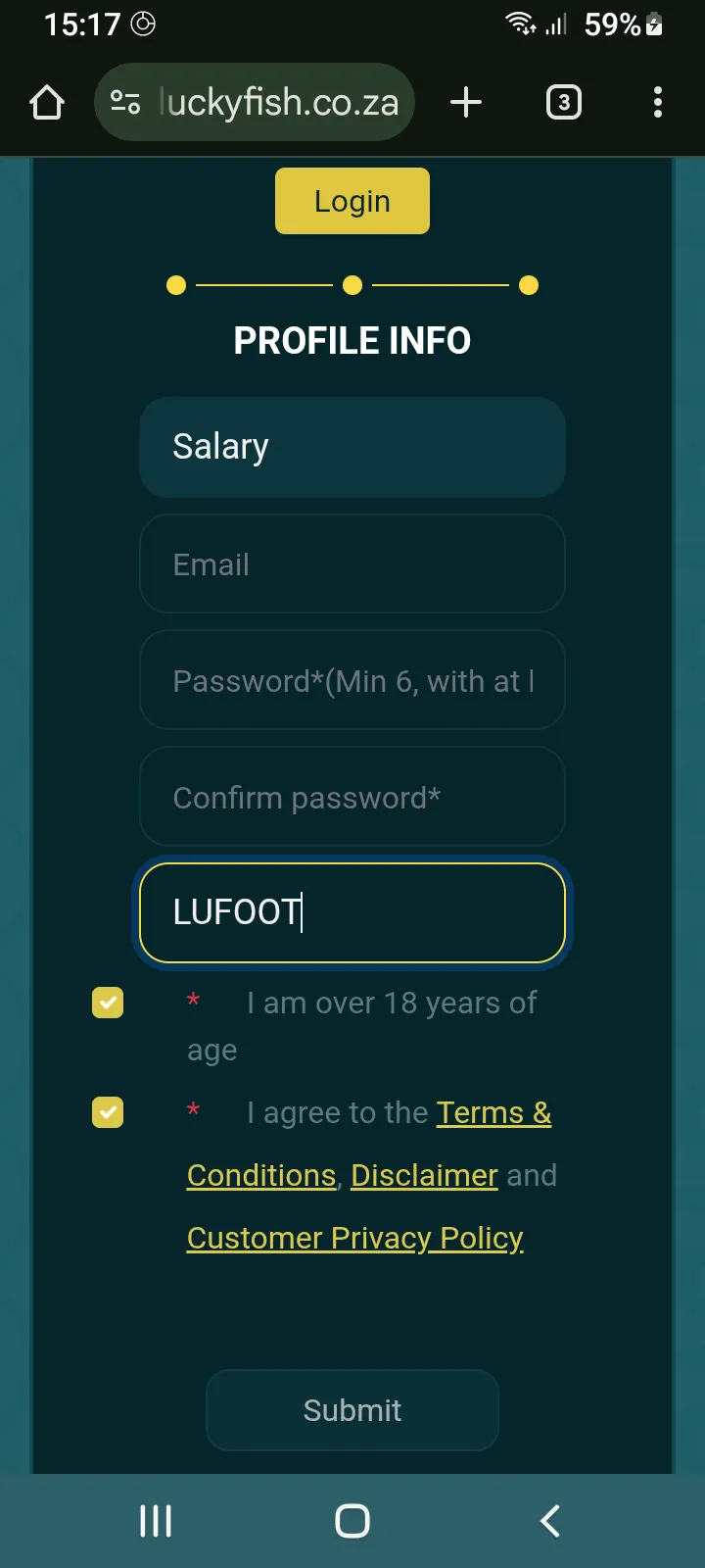 Lucky Fish Promo Code in registration