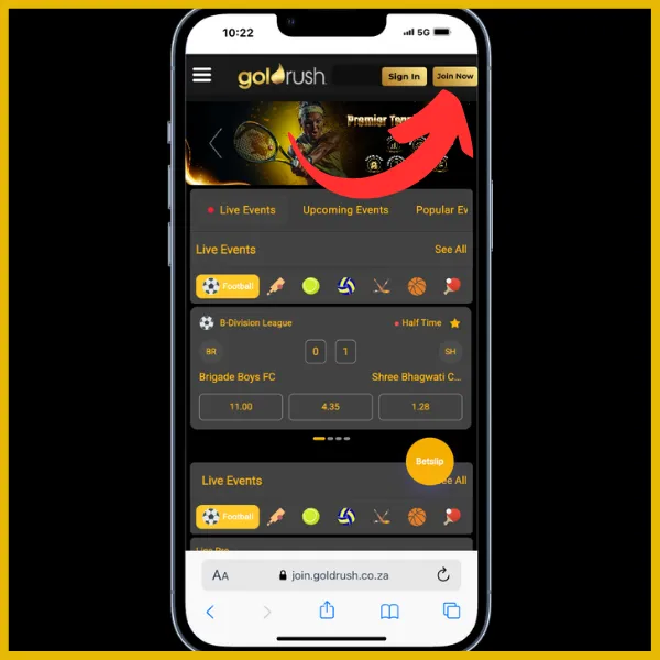 Goldrush official website with a red arrow pointing to "Join Now" button.
