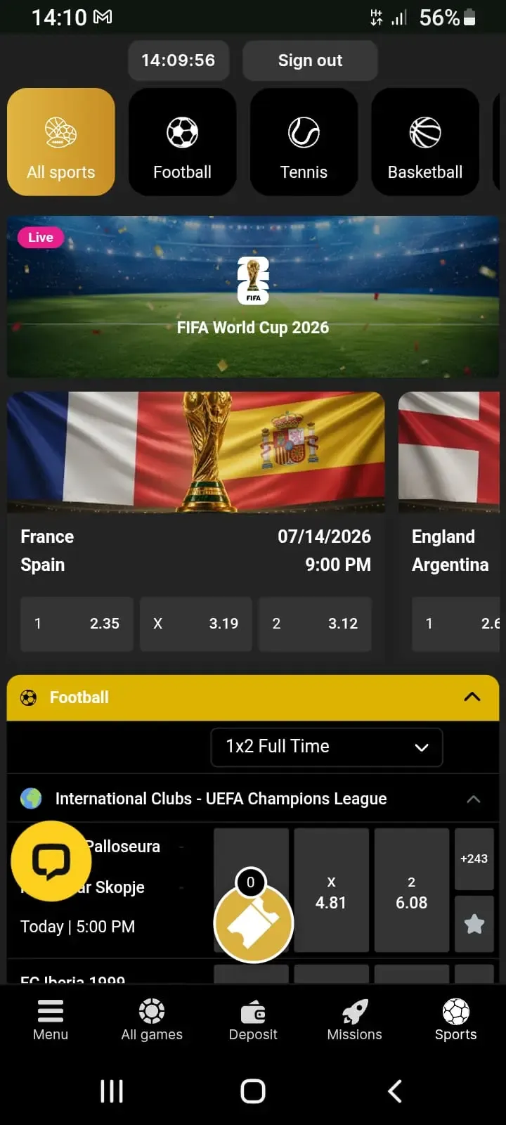 Screenshot of sportsbook lobby for WanejoBets review