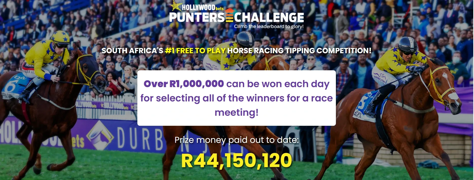 Hollywoodbets promo banner for the punters horse racing challenge with a R1 million jackpot.