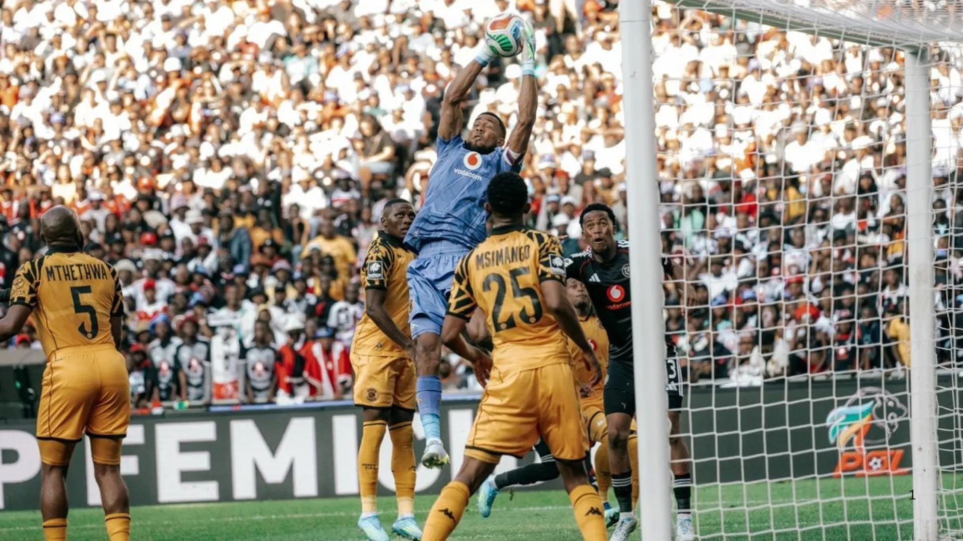 Brandon Petersen saves the ball against Orlando Pirates in the Soweto Derby.