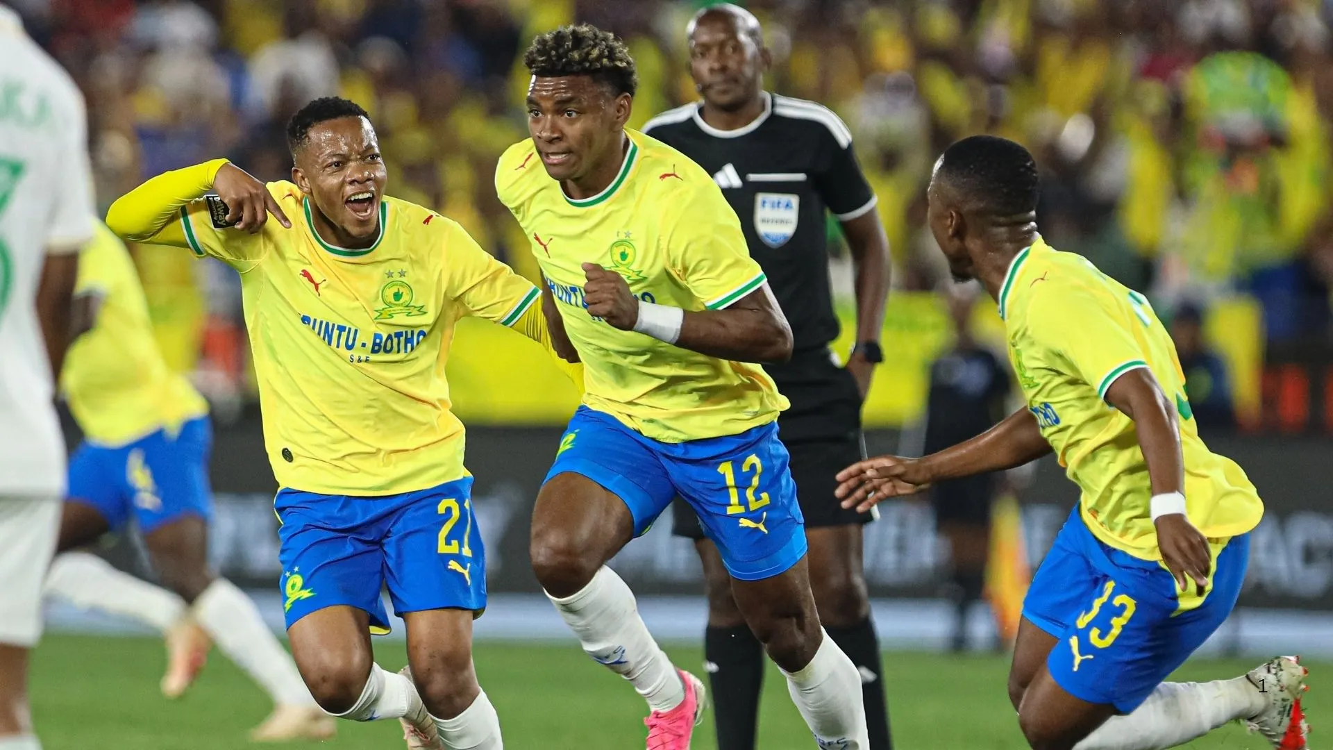 Sphelele Mkhulise, Brayan Leon and Cassius Mailula celebrate a goal for Mamelodi Sundowns.