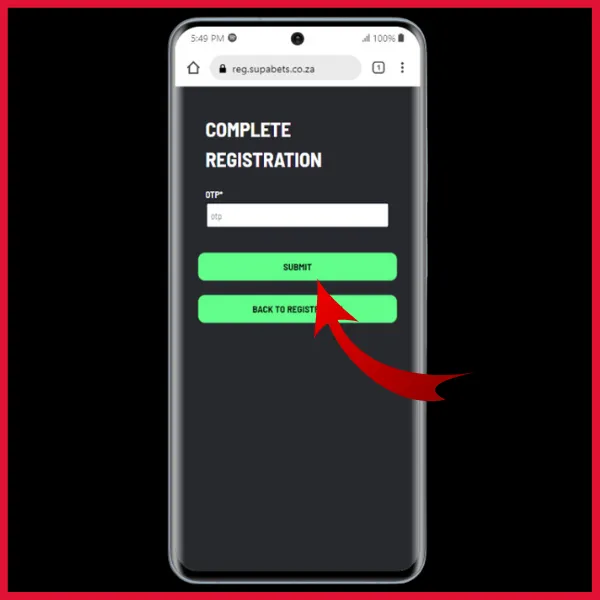 OTP space on Supabets - red arrow pointing to Submit button