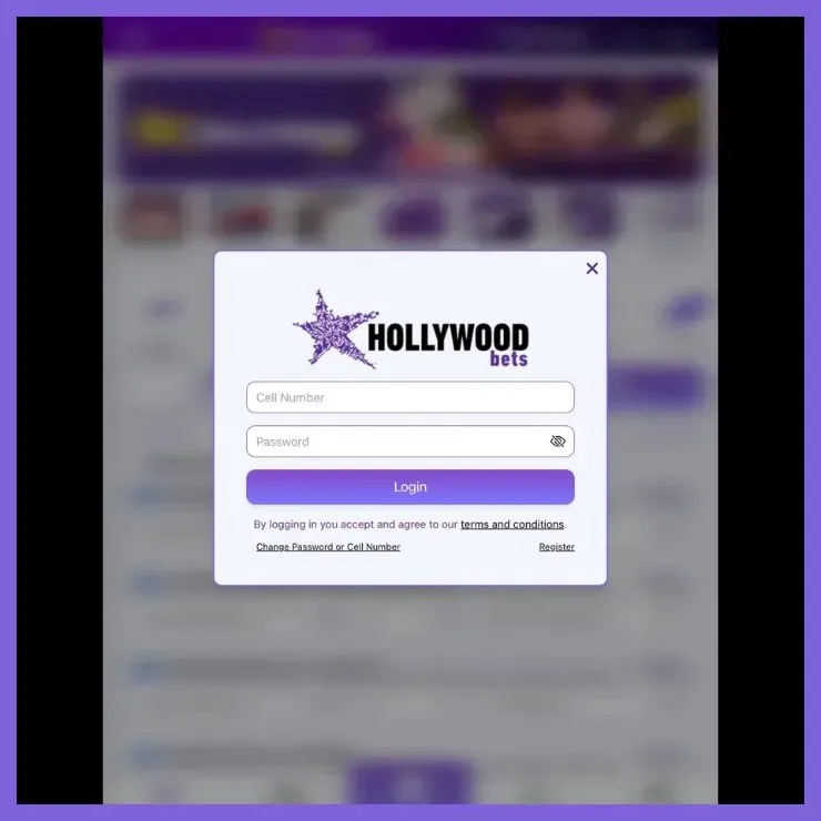 Hollywoodbets app login form on iOS device.