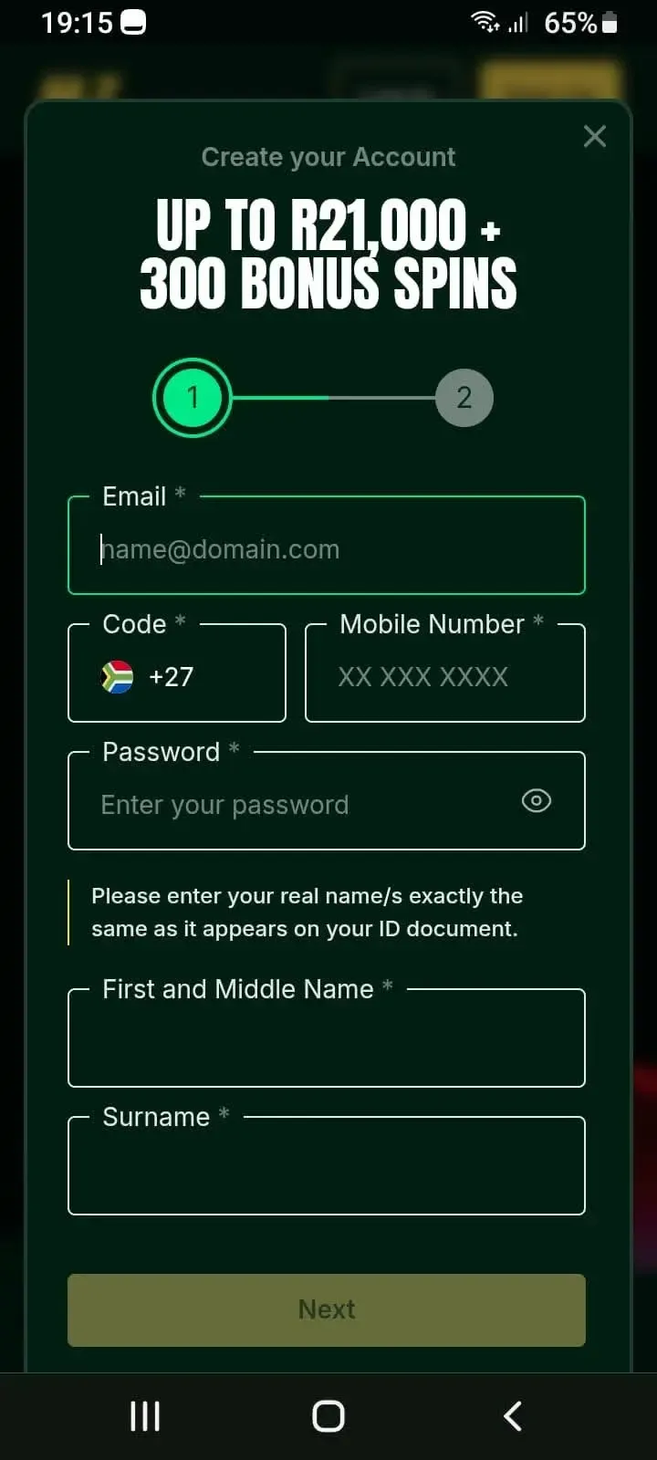 Mzansibet app registration page with fields for email, phone                number, password and name.
